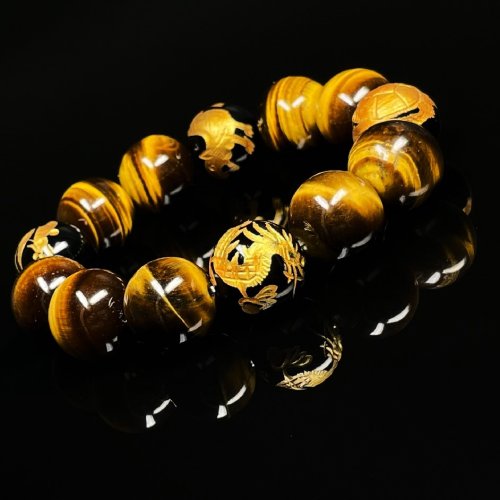 別のアングル写真1: 願望達成のサポートをする数珠  16ミリ  金彫四神獣  黒瑪瑙石  ブラックオニキス  虎目石  タイガーアイ  ブレス   相性抜群  天然石  最強金運  パワーストーン  開運  誕生日  ギフト  贈り物    SiSin  26  / 誕プレ 魔除け 運気向上 お揃い プレゼント お祝  高品質 / 京海堂