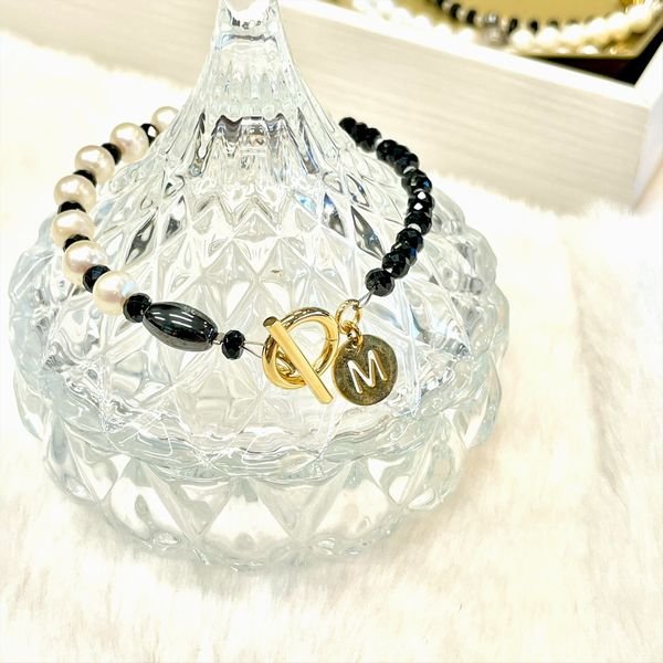 画像3: アシンメトリーブレス   イニシャルチャーム付  nao2  パール  ブラックスピネル  磁気ヘマタイト  カットクリスタル  天然石  ルチル  開運  誕生日  贈り物   /プレゼント お祝 高品質 / 京海堂