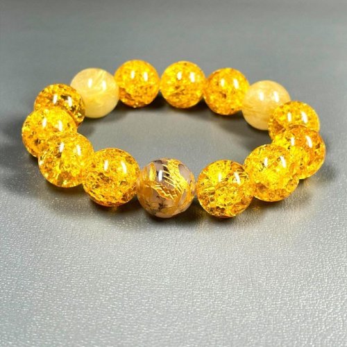 別のアングル写真1: 成功運数珠  14ミリ  金彫皇帝龍  龍紋石  ドラゴンアゲート  シトリンクラック  ゴールド  ルチルクォーツ  ブレス   ryub40  / 誕プレ 魔除け 運気向上 お揃い クリスマスプレゼント お祝  高品質 / 京海堂