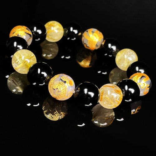 別のアングル写真1: 目標達成をサポートする数珠  12ミリ  金彫四神獣  ドラゴンアゲート  オニキス  タイチンルチル  ブレス   お守り効果  SiSin44  ギフト  / 誕プレ 魔除け 運気向上 お揃い クリスマスプレゼント お祝  高品質 / 京海堂