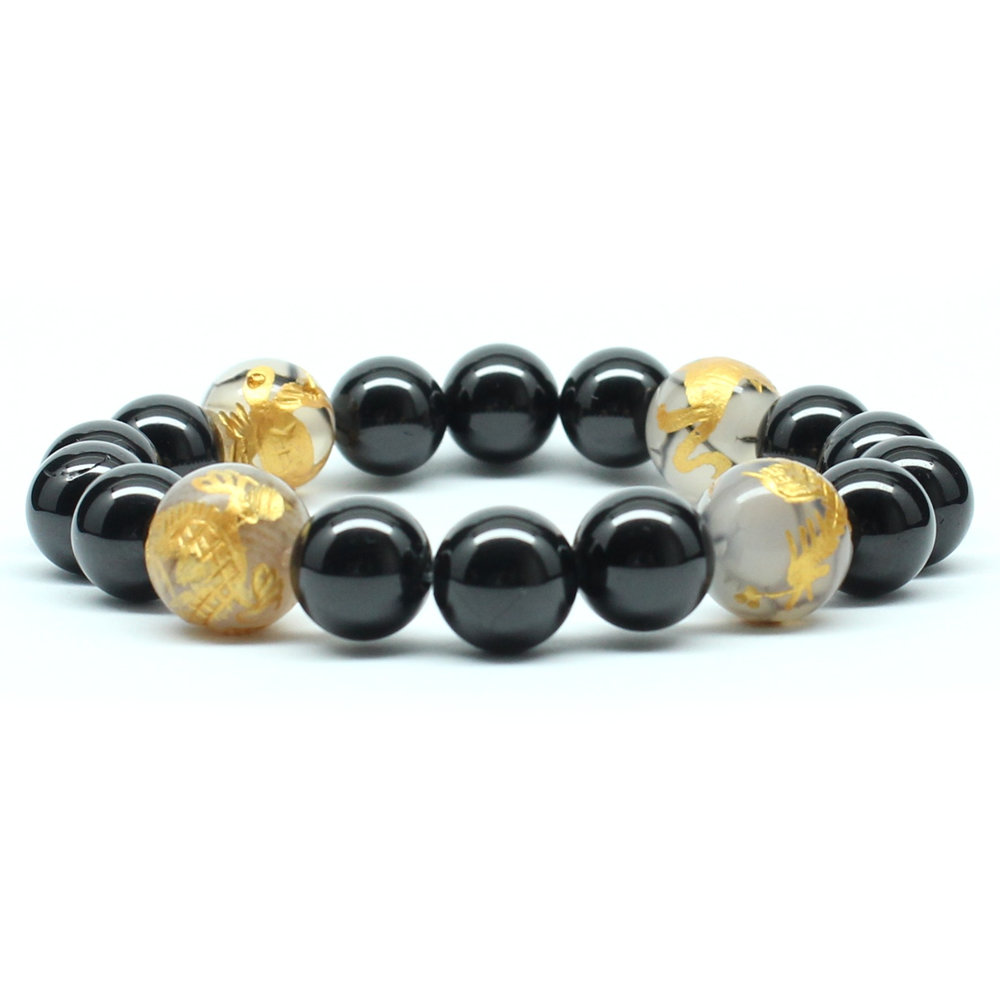 画像2: 【四神獣ブレス】12ミリ×10mm MIX数珠 玄武 皇帝龍 鳳凰 白虎 ＆ドラゴンアゲート＆ ブラックスピネル ブレスレット 【石言葉「成長・成功」、白虎が「勇気・守護」、朱雀が「情熱・再生」、玄武が「安定・健康」お守り効果 贈り物 ご褒美 お揃い 京海堂