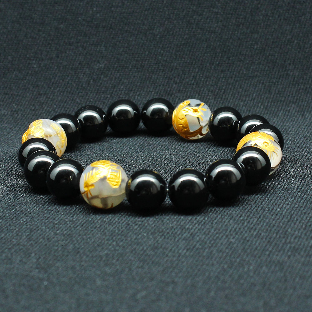 画像1: 【四神獣ブレス】12ミリ×10mm MIX数珠 玄武 皇帝龍 鳳凰 白虎 ＆ドラゴンアゲート＆ ブラックスピネル ブレスレット 【石言葉「成長・成功」、白虎が「勇気・守護」、朱雀が「情熱・再生」、玄武が「安定・健康」お守り効果 贈り物 ご褒美 お揃い 京海堂